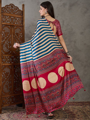 Rajwada Sky Blue And White Silk Blend Printed Elegant Saree For Women