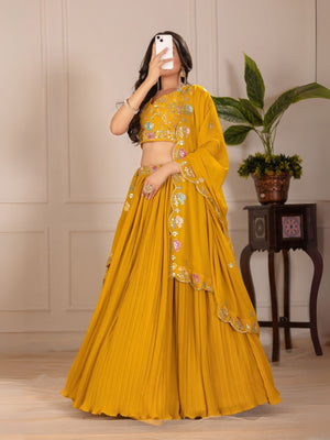 Rajwada Yellow Georgette Embroidered Semi-Stitched lehenga For Women