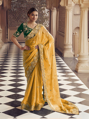 Rajwada Yellow Jacquard Embroidered Elegant Saree For Women