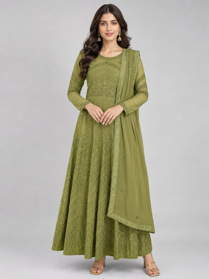 Olive Green Georgette Embellished Kurta Set