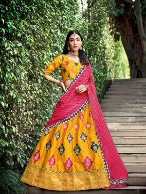 Rajwada Women Yellow Silk Embroidered Semi Stitched Lehenga With  Unstitched Blouse