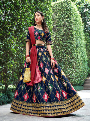 Rajwada Women Dark Blue Silk Embroidered Semi Stitched Lehenga With  Unstitched Blouse