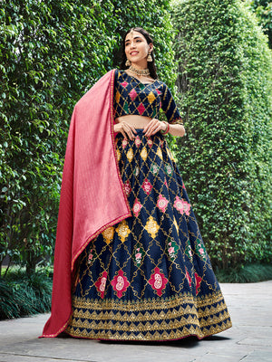 Rajwada Women Dark Blue Silk Embroidered Semi Stitched Lehenga With  Unstitched Blouse