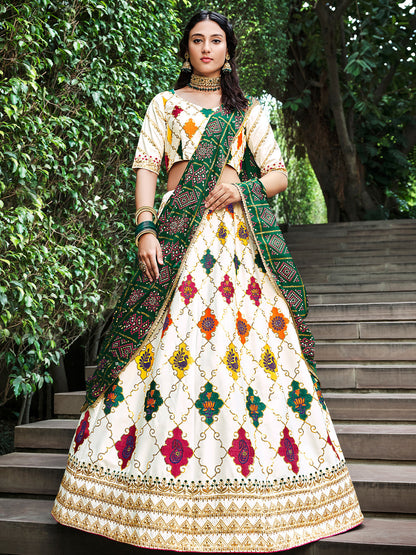 Rajwada Women White Silk Embroidered Semi Stitched Lehenga With  Unstitched Blouse