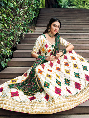 Rajwada Women White Silk Embroidered Semi Stitched Lehenga With  Unstitched Blouse