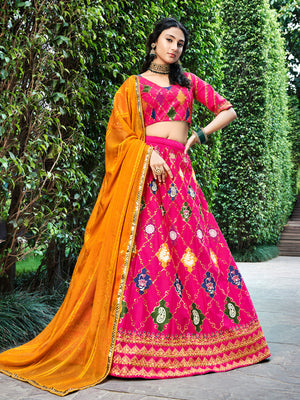 Rajwada Women Magenta Silk Embroidered Semi Stitched Lehenga With  Unstitched Blouse