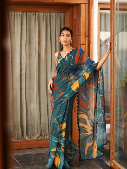 Rajwada Teal Green Georgette Printed Saree For Women