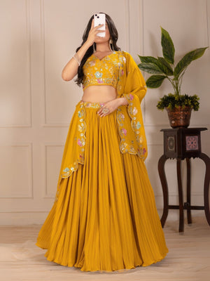 Rajwada Yellow Georgette Embroidered Semi-Stitched lehenga For Women