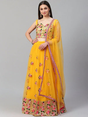 Rajwada Yellow Net Embroidered Semi-Stitched lehenga For Women