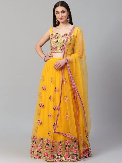Rajwada Yellow Net Embroidered Semi-Stitched lehenga For Women