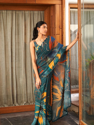 Rajwada Teal Green Georgette Printed Saree For Women