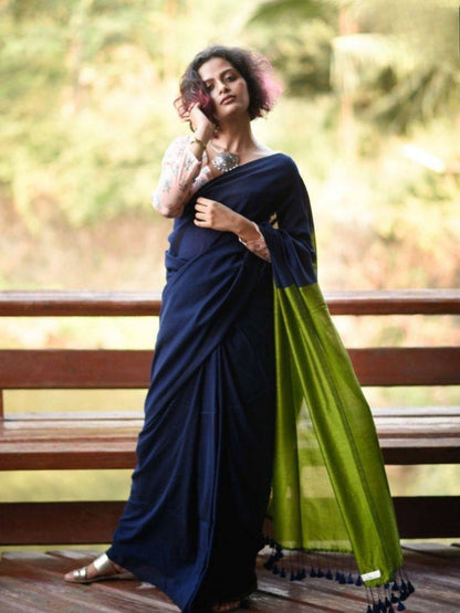 Rajwada Navy Blue Cotton Blend Solid Saree For Women