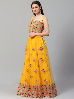Rajwada Yellow Net Embroidered Semi-Stitched lehenga For Women