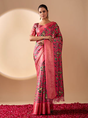 Rajwada Pink Silk Blend Printed Saree For Women