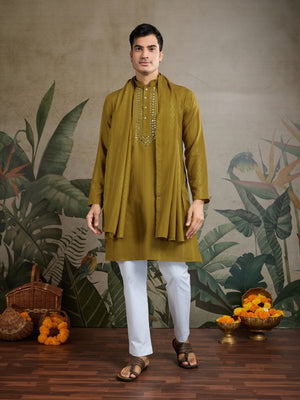 Rajwada Mustard Viscose Rayon Embellished Stitched Kurta For Men