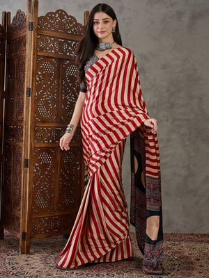 Rajwada Red And Cream Silk Blend Printed Elegant Saree For Women