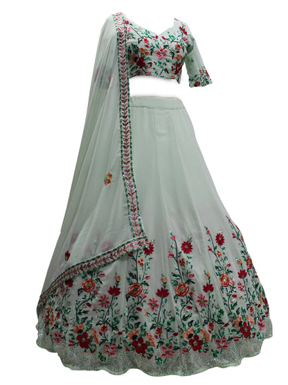 Rajwada Women Sea Green Georgette Embroidered Semi Stitched Lehenga With  Unstitched Blouse