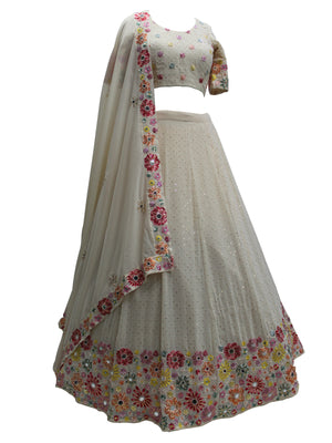 Rajwada Women Beige Georgette Embroidered Semi Stitched Lehenga With  Unstitched Blouse
