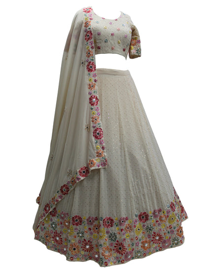 Rajwada Women Beige Georgette Embroidered Semi Stitched Lehenga With  Unstitched Blouse
