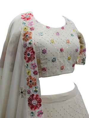 Rajwada Women Beige Georgette Embroidered Semi Stitched Lehenga With  Unstitched Blouse