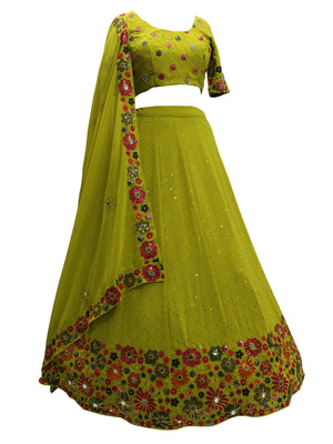 Rajwada Women Lime Green Georgette Embroidered Semi Stitched Lehenga With  Unstitched Blouse