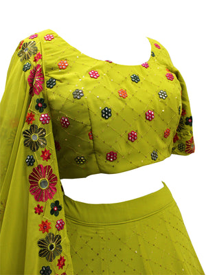 Rajwada Women Lime Green Georgette Embroidered Semi Stitched Lehenga With  Unstitched Blouse
