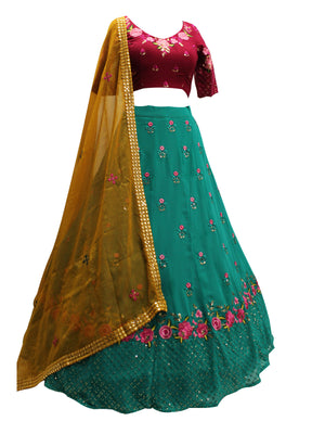 Rajwada Women Blue Georgette Embroidered Semi Stitched Lehenga With  Unstitched Blouse