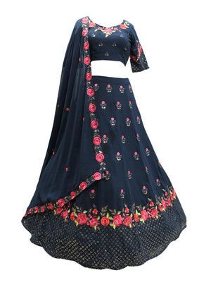 Rajwada Women Teal Blue Georgette Embroidered Semi Stitched Lehenga With  Unstitched Blouse