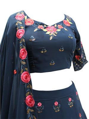 Rajwada Women Teal Blue Georgette Embroidered Semi Stitched Lehenga With  Unstitched Blouse