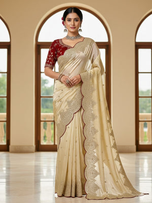 Rajwada Off White Silk Blend Embellished Solid Saree For Women