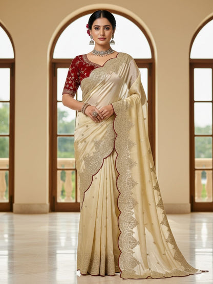 Rajwada Off White Silk Blend Embellished Solid Saree For Women