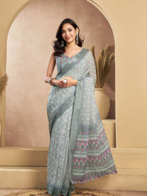 Rajwada Grey Cotton Linen Zari Work Saree For Women