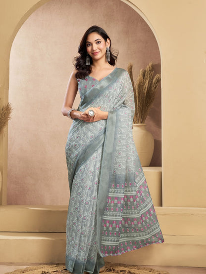 Rajwada Grey Cotton Linen Zari Work Saree For Women