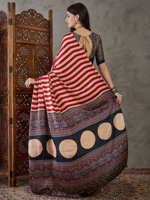 Rajwada Red And Cream Silk Blend Printed Elegant Saree For Women