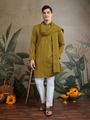 Rajwada Mustard Viscose Rayon Embellished Stitched Kurta For Men