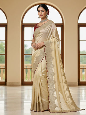 Rajwada Off White Silk Blend Embellished Solid Saree For Women