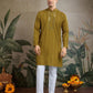Rajwada Mustard Viscose Rayon Embellished Stitched Kurta For Men