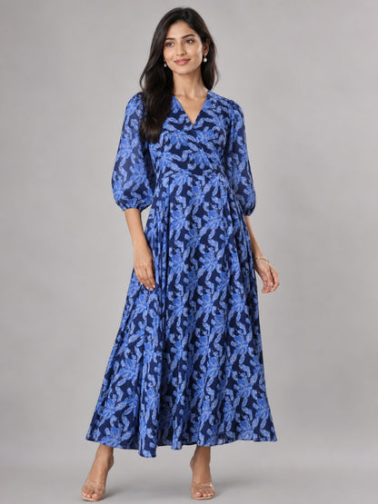 Blue Polyester Blend Printed Dress