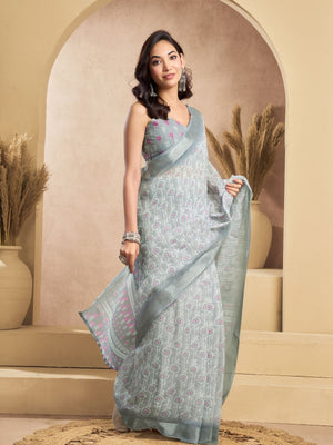 Rajwada Grey Cotton Linen Zari Work Saree For Women