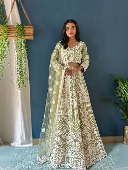 Rajwada Light Green Net Embroidered Semi-Stitched lehenga For Women