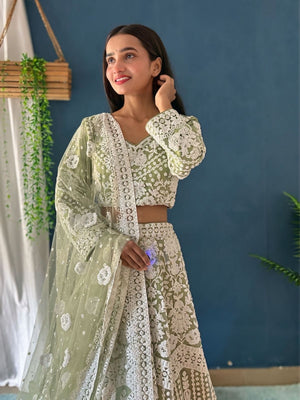 Rajwada Light Green Net Embroidered Semi-Stitched lehenga For Women