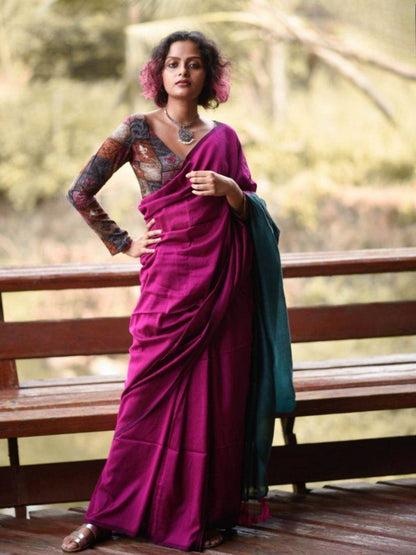 Rajwada Magenta Cotton Blend Solid Saree For Women