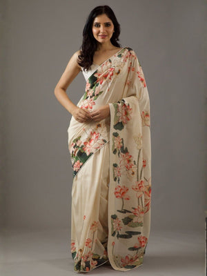 Rajwada Cream Georgette Floral Print Saree For Women
