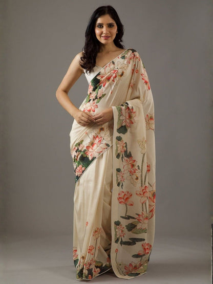 Rajwada Cream Georgette Floral Print Saree For Women