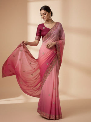 Rajwada Light Pink Georgette Embellished Solid Saree For Women