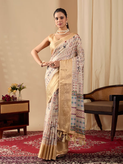 Rajwada Cream Silk Blend Printed Saree For Women