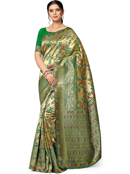 Rajwada Green & Golden Silk Blend Embellished Saree For Women