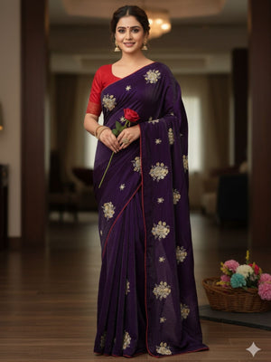 Rajwada Dark Purple Silk Blend Embroidered Solid Saree For Women