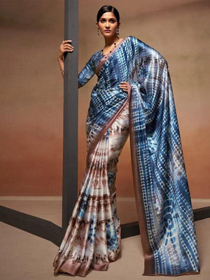 Rajwada Blue And Brown Satin Printed Saree With Unstitched Blouse For Women