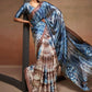 Rajwada Blue And Brown Satin Printed Saree With Unstitched Blouse For Women